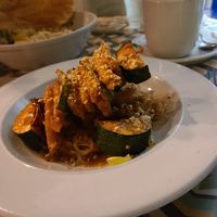 Brochettes Of Heura And Vegetables With Satay Sauce And Japanese Rice Thin Noodles at VEGA - Luna in Madrid