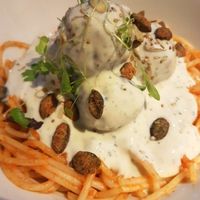 Albóndigas con pasta y salsa blanca (maravilloso) at VEGA - Luna in Madrid