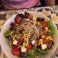 Rice and vegan cheese salad at VEGA - Luna in Madrid