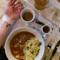 A curry-esque dish, a DELICIOUS sopapilla in the top cup, an espresso, and a new tattoo :) at VEGA - Luna in Madrid