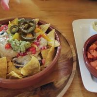 Nachos met zwarte bonen en plantaardige kaas, zoete aardappelen met vegan aioli at Hagedis in The Hague