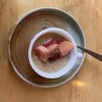 Lemon coconut pudding with grilled wild peaches  at Hagedis in The Hague