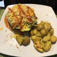 The arepa burger from the menu   at Rushi Comida Sana in Manizales