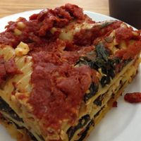 lasagna--chocolate pudding behind. at Loving Hut - Fort Street Mall in Honolulu