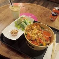 Fresh juice, summer rolls and tofu & veg rice bowl at Pho in Leeds