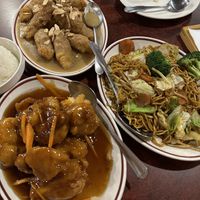 Almond fried fritters, chow mein, and crispy fried tofu  at Teapot Vegetarian House in Redmond
