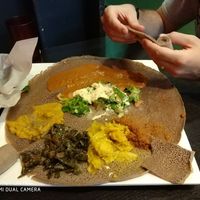 Vegetarian platter and Shiro at Tadu Ethiopian Kitchen in San Francisco