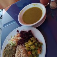 Delicia. Crema de verduras, frijoles,zuquini, ensalada, hamburguesa veg. at Jengibre in Bogota