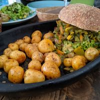 Vegan burger with papa criolla at Nativa in Bogota