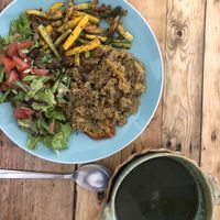 Fixed menu option of the day. Comes with juice. Until a certain hour in afternoon. Believe it changes daily but similar idea (soup, greens, quinoa mix, etc).   at Nativa in Bogota