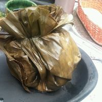 vegan tamale - HUGE. filled with chickpeas, bell peppers, corn mash. yum  at Nativa in Bogota