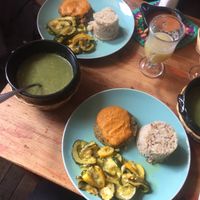 Set lunch menu of spinach soup, quinoa pattie and veggies! at Nativa in Bogota