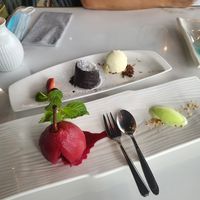 Molten lava cake (vegetarian), red wine poached pear and lime basil (vegan) - so good! at Joie Restaurant in Central Singapore