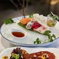 Cold Dishes: Vegetable Sashimi on Ice with Oyster-Leaf Shooter Glass, Tuna Cold Steak at Joie Restaurant in Central Singapore