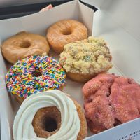 Maple glaze, plain, sprinkles, birthday cake, peach cronut, sour cherry fritter at Beechwood Doughnuts in St Catharines