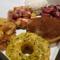 Coconut Cream, Tiramisu, Pistachio, and three different fritters. at Beechwood Doughnuts in St Catharines