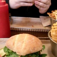 Chickpea burger on ciabatta bun at Harper's Burger Bar in Kingston
