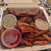 Falafel gyro with sweet potato fries at The Elusive Cow in Bellevue