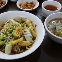 Sticky noodle tofu soup at 999 Shan Noodle Shop in Yangon