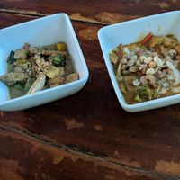 Green curry and massaman curry (made in the cooking class) at Green Garden & May Kaidee Cooking School in Bangkok