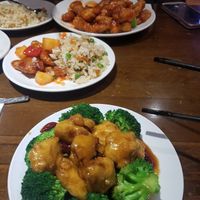 General tso chicken,  roasted pork fried rice and Peking spare ribs with sweet and sour sauce. at Lucky Vegetarian in Brooklyn