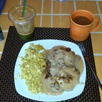 Biscuits & Gravy with Scrambled tofu eggs, All Is Well Juice & coffee at Violette's Vegan Organic Cafe and Juice Bar in Las Vegas