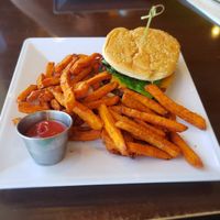 Californian dreamin bacon cheeseburger with sweet potato fries  at Violette's Vegan Organic Cafe and Juice Bar in Las Vegas
