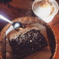chocolate banana cake with coconut frosting and coconut icecream at Tukies Coconut Shop  in Ubud