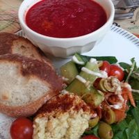 beetroot soup with salad and hummus at Femtopia in Stockholm