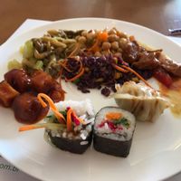 Some of the options from the hot counter at O Vegetariano Gourmet in Sao Paulo