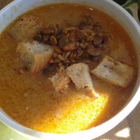 Lentil soup with bread and margarine, punkin seeds, pipe seeds. at Satori in Malmo