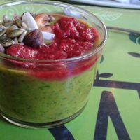 Smoothiebowl with mango, spinach, raspberry, coconut, hazelnut and almond milk. at Satori in Malmo