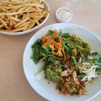 Wholly Bowl & Fries with vegan mayo at The Shack in Raglan