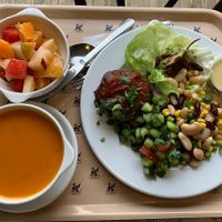 Stuffed aubergines, watermelon salad, bean salad, guacamole, fruit salad and soup  at Chimera in Krakow