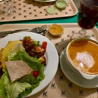 Various salad selections as well as a taco, and tomato soup at Chimera in Krakow