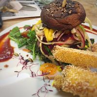 Beet Naked Burger v2.0 with rosemary polenta fries. Yum :-) at Offbeet in Wickham