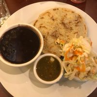 Spinach pupusa/ pinto bean pupusa w/black beans  at Un Solo Sol in Los Angeles