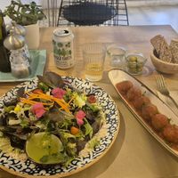 Albóndigas and a salad prepared according to my wishes. at Punto Vegano in Madrid