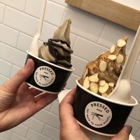 Left: vanilla with cocoa drizzle, right(veg): vanilla with almond & honey  at Pressed Juicery in Hollywood