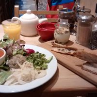 Whole vegan brunch (Le botanique): orange juice, tea, bread and jam, rawnola, hummus, quinoa, vegetables, soup at Le Pain Quotidien - Charonne in Paris