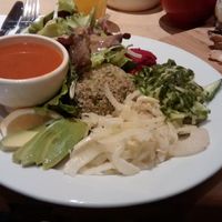 Part of the vegan brunch: quinoa, hummus, salad, vegetables and soup at Le Pain Quotidien - Charonne in Paris