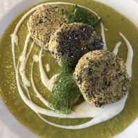 Homemade falafel and pea cream at Casa Scaparone in Alba