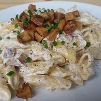 pasta with cream sauce at Lokal Vegan Bistro in Warsaw