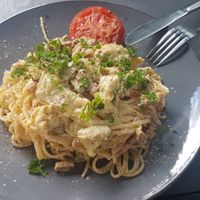 Carbonara at Lokal Vegan Bistro in Warsaw