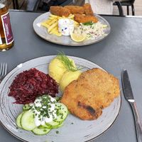 Vegan fish and chips and cotlett   at Lokal Vegan Bistro in Warsaw