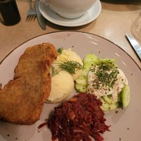 vegan Schnitzel, red cabbage, potatoe mash and cucumber salad. Yum! at Lokal Vegan Bistro in Warsaw