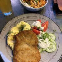 Schabowy and tteokbokki  at Lokal Vegan Bistro in Warsaw