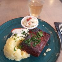Ribz (seitan) with mashed potatoes and glazed carrots at Lokal Vegan Bistro in Warsaw