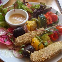Tofu skewers at Lokal Vegan Bistro in Warsaw