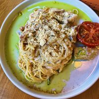 Carbonara with bacon bits  at Lokal Vegan Bistro in Warsaw
